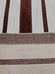 Detailed view of vintage chenille upholstery fabric with red-brown and beige stripes.