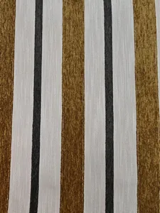 Close-up of vertical striped chenille fabric in ocher, white, and black tones