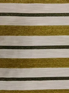 Macro shot of olive green and cream striped chenille fabric texture for upholstery.