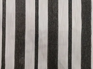 Macro view of vertical striped chenille fabric showing grey and white woven texture