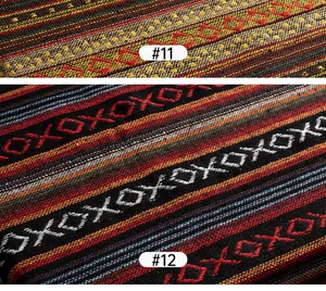 Macro view of ethnic style woven fabric with colorful intricate geometric patterns