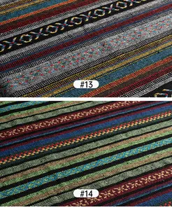 Close-up view of bohemian ethnic style woven fabric featuring two colorful striped patterns