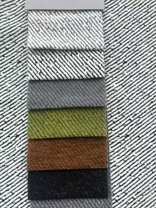 Macro view of chenille coarse spinning twill fabric swatches in multiple colors for upholstery