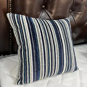 Decorative blue and beige striped chenille throw pillow for sofa with textured finish