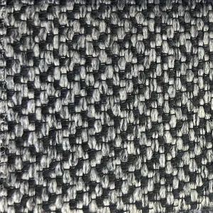 Primer plano de tela gruesa de poliéster y lino tejida en gris y negro para sofás.