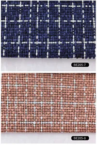 Detailed close-up view of coarse linen checkered fabric swatch showing texture and weaving.