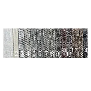 Close-up view of multicolored tweed burlap fabric swatches with numbered selection labels