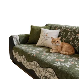 Vintage green chenille jacquard sofa cover fabric with elegant botanical fruit patterns