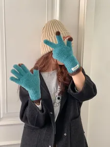 Korean style soft teal coral fleece gloves with touchscreen fingertips for winter outdoor use