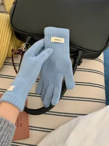 Close-up detail of light blue knitted merino wool gloves featuring a 100% wool fabric tag