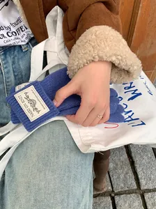 Close-up detail of blue ribbed knitted winter gloves with a stylish decorative label.