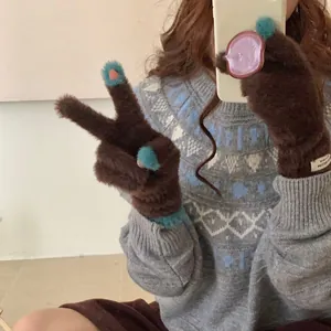 Soft brown coral fleece fingerless gloves with teal fuzzy accents for winter warmth