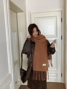 Asian model in a cozy brown wool-blend tassel scarf and leather jacket in a stylish indoor setting