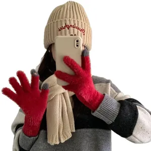Soft coral fleece winter gloves with touchscreen fingertips for warm outdoor use