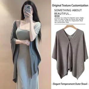 Women Retro New Chinese Style Knitted Shawl Cape Minimalist Solid Color Shawl Wrap For Early Autumn Elegant Outwear Top