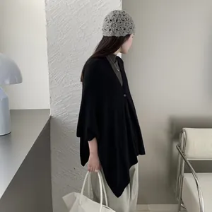 Elegant black knitted shawl cape for women, retro autumn cardigan outerwear style