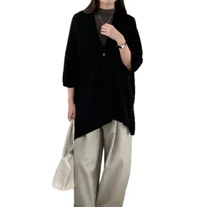 Elegant black retro Chinese style cardigan shawl outerwear for women's autumn fashion look.