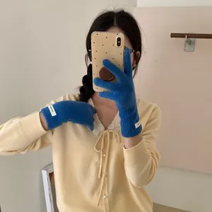 Merino wool blue knitted touchscreen gloves for women in winter