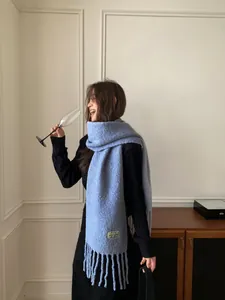 Detailed view of a stylish light blue wool blend scarf with fringe tassels worn by a model