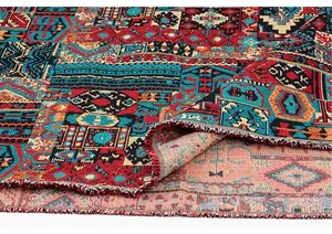 Close-up of vintage ethnic jacquard fabric showing intricate woven texture and pattern