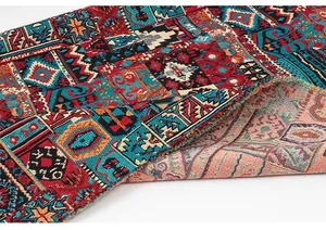 Close-up of vintage ethnic jacquard fabric showing vibrant patchwork and thick weave