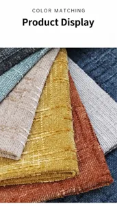 Detailed macro view of multi-colored textured chenille fabric swatches for sofa upholstery