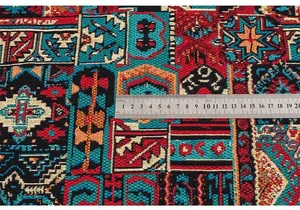 Macro detail of high-quality retro ethnic jacquard fabric with bohemian geometric patterns
