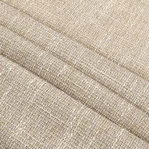 Close-up macro shot of beige tweed fabric with silver thread weaving texture detail