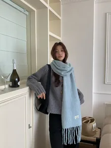 Stylish light blue wool blend scarf with tassels styled on a model in a minimal room