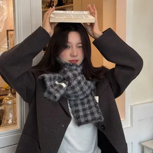 Chic gray and black checkered knitted scarf for women in cozy Korean winter style