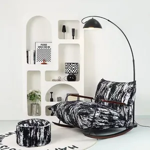 Modern rocking chair and ottoman set in black and white ink wash textured velvet fabric