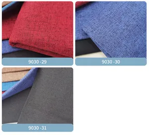 Primer plano de tres variantes de color de tela de poliéster con aspecto de lino