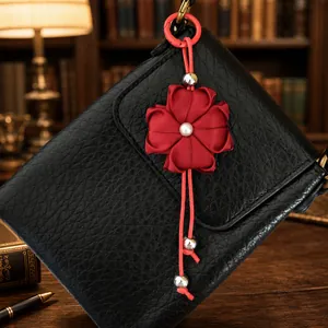 Close-up detail of a handmade red fabric flower charm hanging on a textured black leather bag