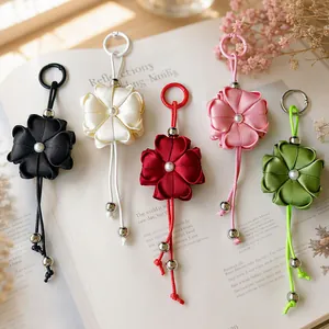 Chinese Style Satin Ribbon Four Leaf Clover Flower Keychain For Bag Charm Fashion Women Handcrafted Pendant With Artificial Pearl Metal Beads