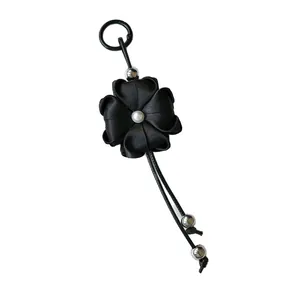 Handmade black ribbon clover flower keychain with pearl and silver beads bag charm