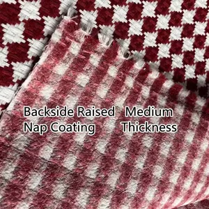 Red and white houndstooth cotton linen fabric with brushed backing for upholstery