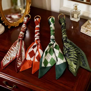 Forest Style Printed Silk Scarf Keychain Elegant Polyester Ribbon Bag Charm Pendant Alloy Metal Ring For Women Handbag Accessories Car Keys