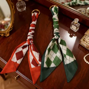 Vintage argyle print silk scarf keychains with gold rings for bags and cars