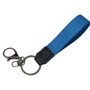 Blue nylon braided wrist strap keychain with gunmetal finish metal clasp