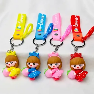 Cute Cartoon Girl Holding Peach Keychain Soft Silicone 3D Figure Charm For School Bag Car Key Pendant Gift