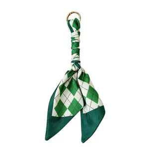 Elegant green checkered silk scarf keychain with golden ring for bags and keys