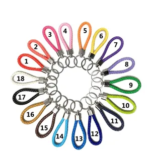 Muestra circular de llaveros de cuerda de cuero trenzado en 18 colores vibrantes