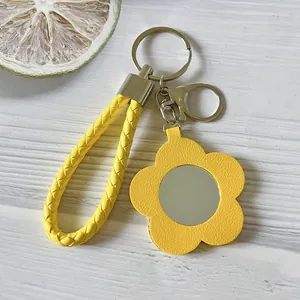 Portachiavi con Specchio a Forma di Fiore in Pelle PU Pendente Borsa con Corda Intrecciata Specchio Trucco Portatile