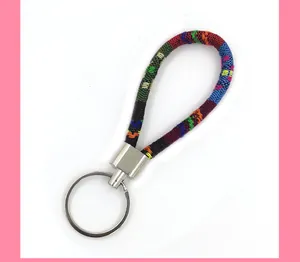 Macro detail showing the intricate colorful ethnic-style woven fabric keychain strap