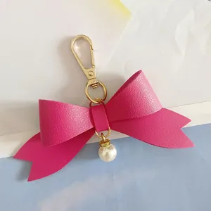 Cute PU Leather Bow Keychain For Women Girls Bag Charm Pendant With Artificial Pearl Rhinestone Alloy Gold Lobster Clasp Car Keyring Accessory Gift