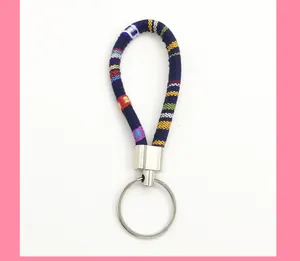 Detailed view of colorful ethnic woven patterns on the fabric lanyard keychain accessory