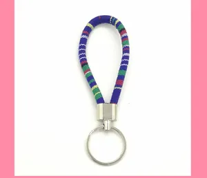 Close-up of ethnic style woven fabric keychain with colorful stripes and silver ring.