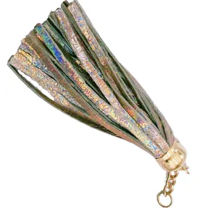 Shimmering iridescent laser leather tassel keychain pendant featuring a golden metallic cap