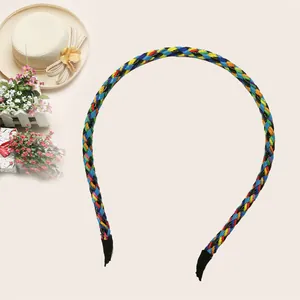 Close-up detail view showing the vibrant colorful braided PU leather headband texture and finish