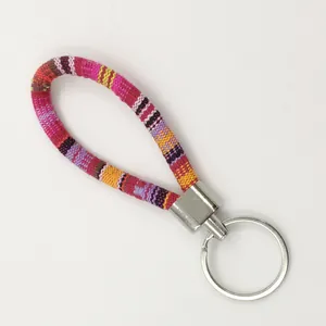 Ethnic style colorful woven fabric strap keychain accessory with silver metal ring